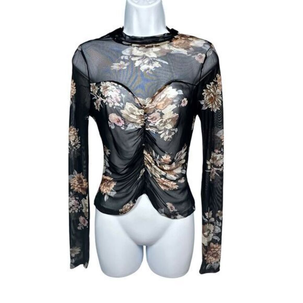 Y2K Long Sleeve Mesh Top Size M Sheer Sweetheart Neckline Whimsigoth Dark Floral